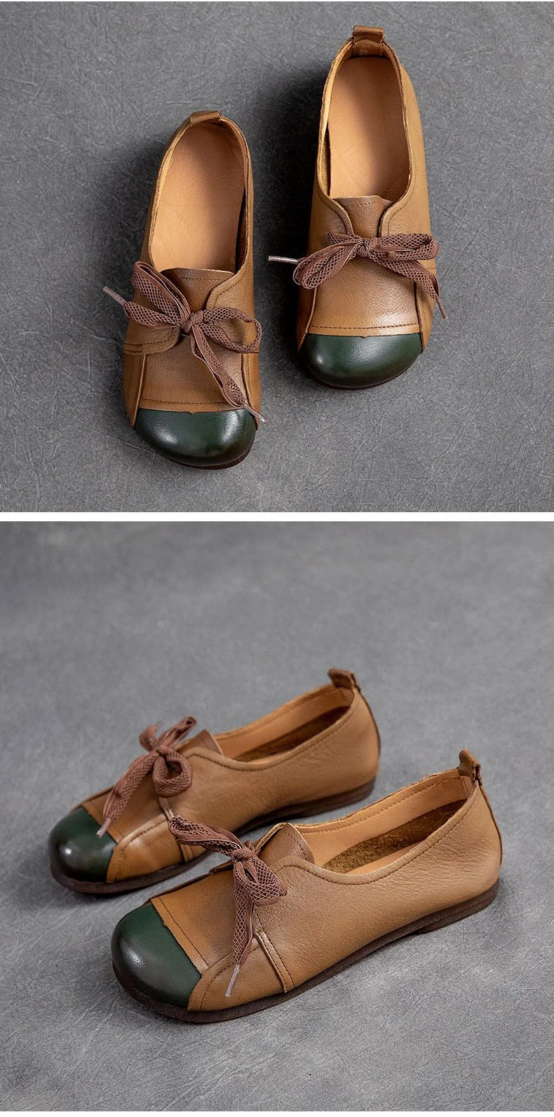 Flats Women Shoes Mixed Colors Genuine Leather Lace-Up Retro Round Toe Shallow Concise Handmade Ladies Shoes - Image 9