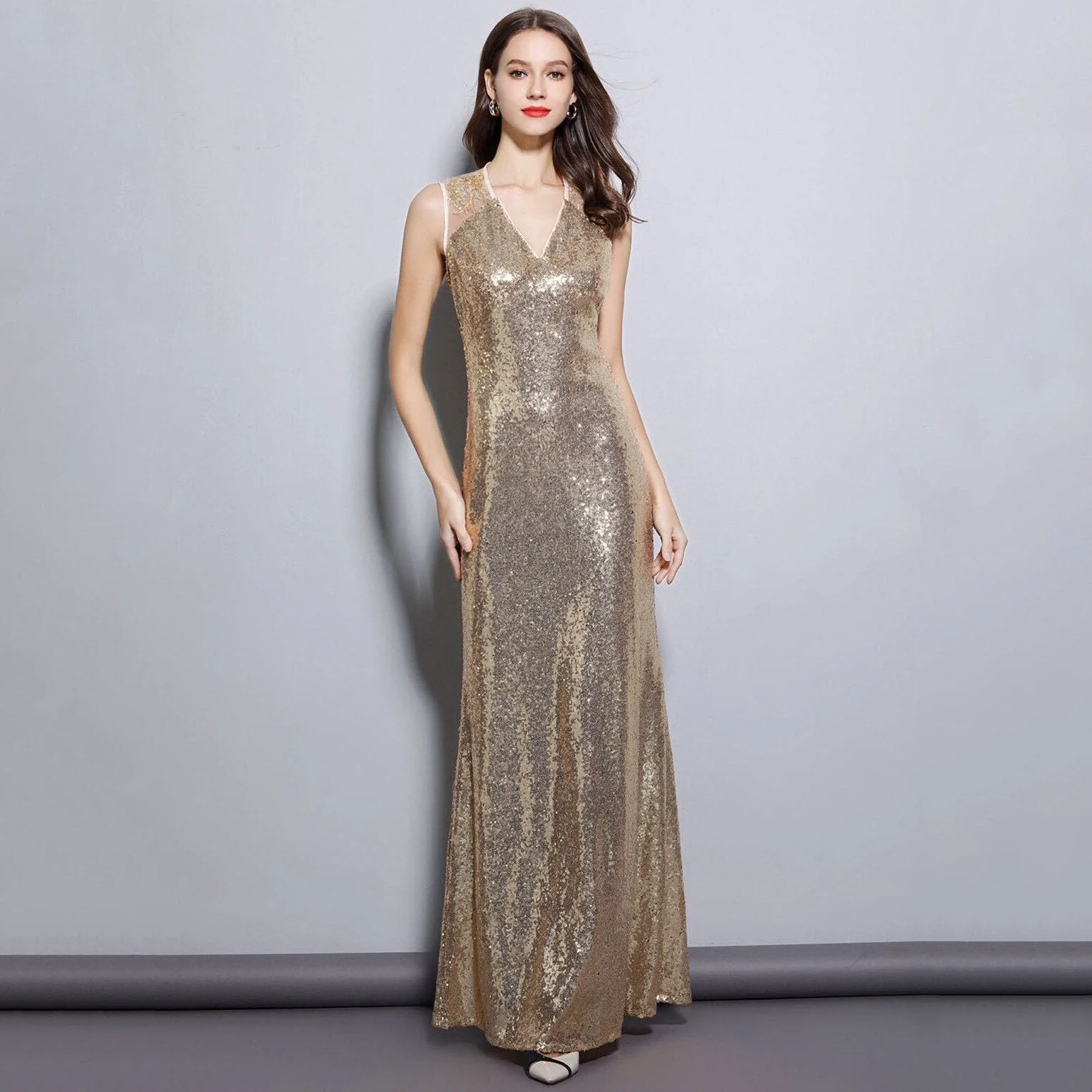 Women's Runway Dresses Sexy V Neck Emboridery Sleeveless Sequined Elegant Fashion Party Prom Long Maxi Vestidos
