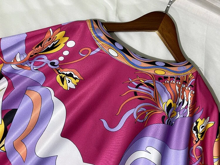 Women's Runway Dresses O Neck Batwing Sleeves Printed Loose Design Fashion Long Robes with Belt - Image 10