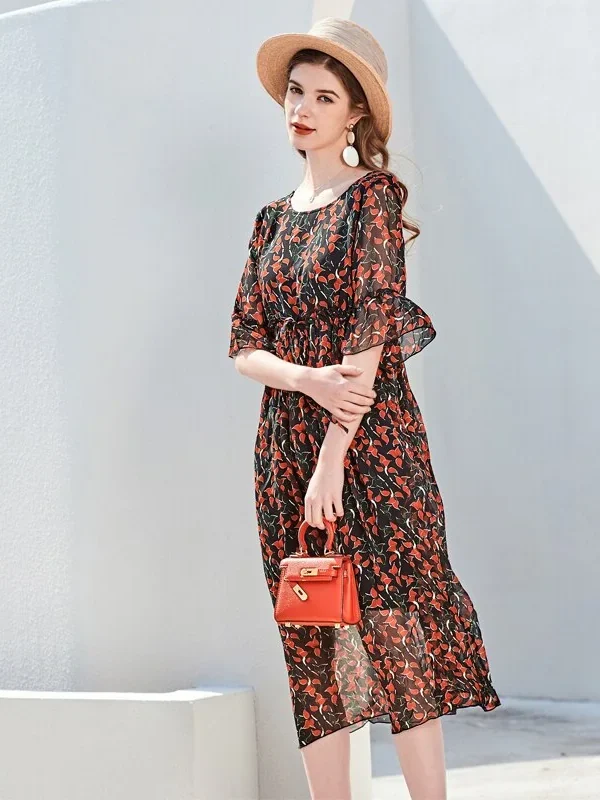 100% Silk Women's Runway Dresses O Neck Half Sleeves Floral Printed Ruffles Fashion Casual Mid Summer Dresses