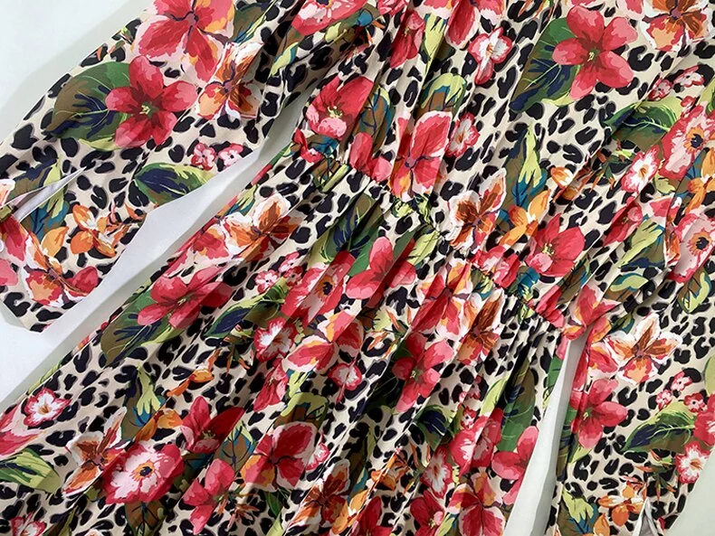 Women's Runway Dress Sexy V Neck Long Sleeves Floral Printed Sash Belt Ruched Fashion Maxi Dresses Vestidos - Image 10