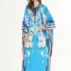 Women's Loose Dresses O Neck Lace Up Tassels Floral Printed Sexy Side Split Elegant Long Maxi Robe Dresses