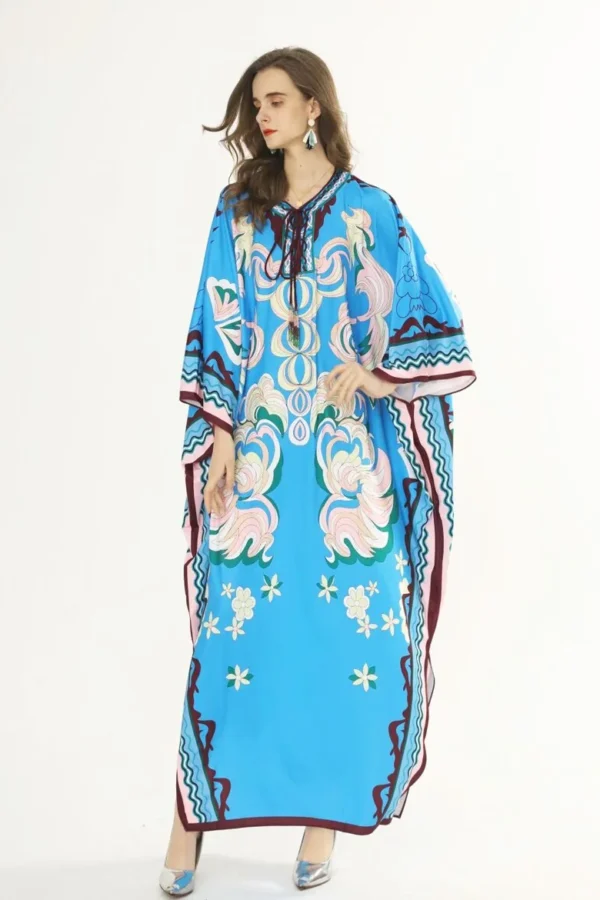 Women's Loose Dresses O Neck Lace Up Tassels Floral Printed Sexy Side Split Elegant Long Maxi Robe Dresses