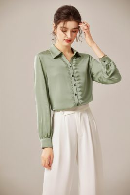 100% Silk Women's Shirt Turn Down Collar Long Sleeves Lace Patchwork Fashion Blouse Autumn Tops