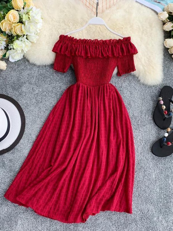 Summer Dress Solid Off Shoulder Dresses Women High Waist Chiffon - Takalr