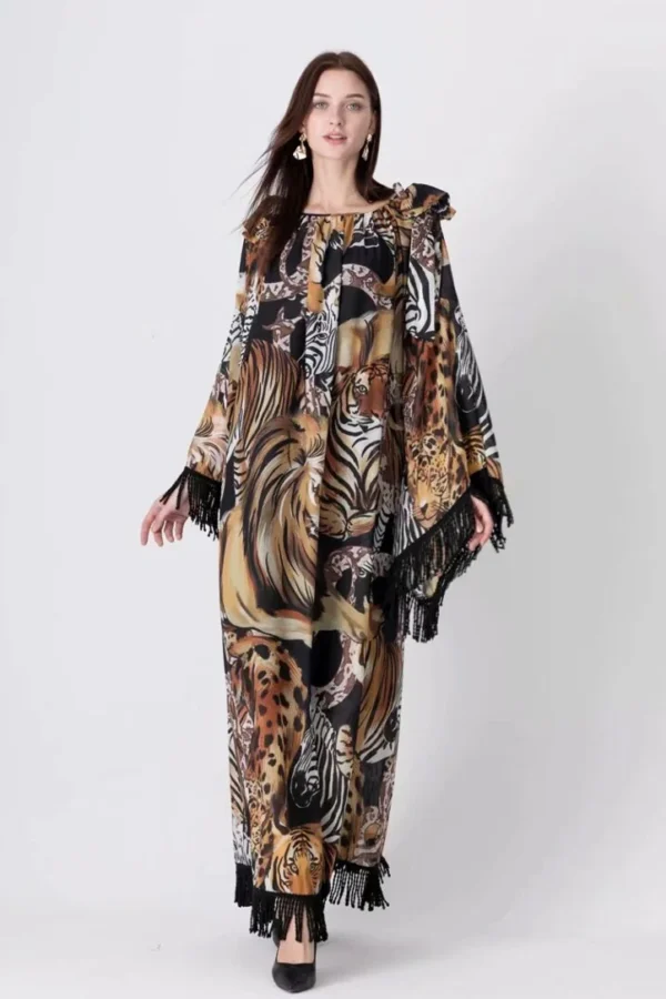 Women's Runway Dress O Neck Long Flare Sleeves Printed Tassels Loose Designer Elegant High Street Fashion Maxi Dress