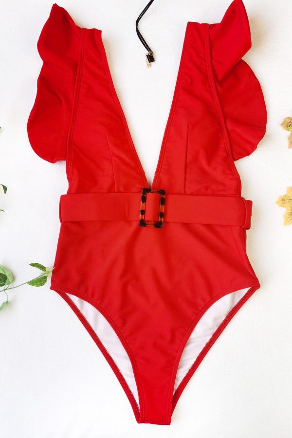 Plunging One Piece Swimsuits Ruffle Swimwear Women 2021 Belted Bathers Sexy Backless Beachwear High Cut Bathing Suits - Takalr