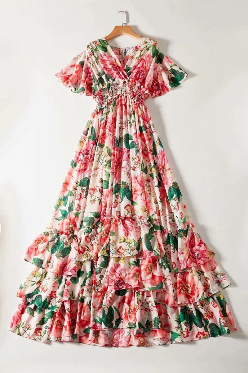 Women's Runway Dresses Sexy V Neck Short Flare Sleeves Floral Printed Tiered Ruffles Fashion Elegant Prom Long Dresses - Image 9
