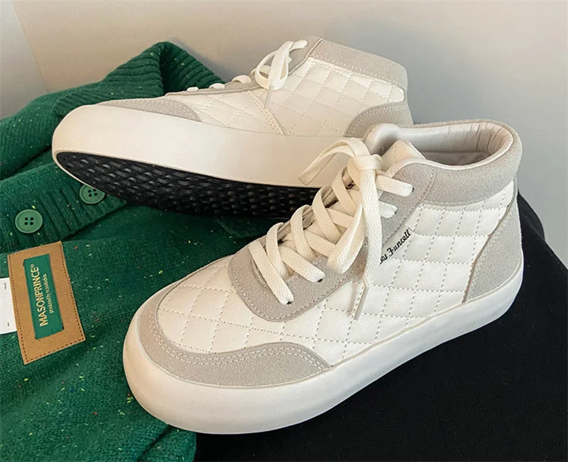 Women Shoes Autumn White PU Leather Sneakers Fashion Platform Sport Shoes Plaid Lace-up Casual Comfy Ankle Boots - Image 11
