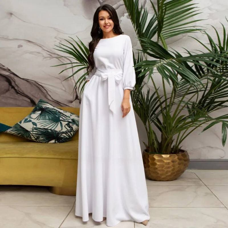 Bandage Maxi Long Dress Lantern Sleeve O Neck A-Line Pocket Casual Temperament Fashion Summer Beach Style - Image 7