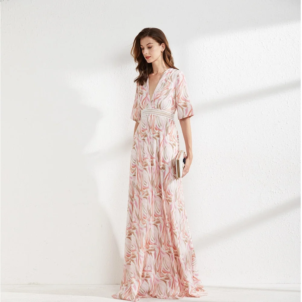 Women's Runway Dresses Sexy V Neck Short Sleeves Printed Elegant Summer Long Floor Length Dress Party Prom - Image 2