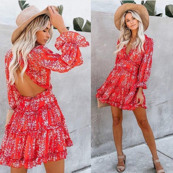 V-neck backless dress printed Elegant lantern sleeve ruffle dresses - Takalr