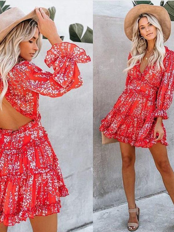 V-neck backless dress printed Elegant lantern sleeve ruffle dresses - Takalr