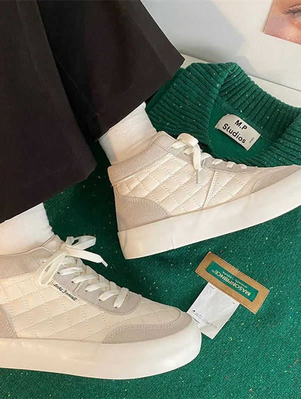 Women Shoes Autumn White PU Leather Sneakers Fashion Platform Sport Shoes Plaid Lace-up Casual Comfy Ankle Boots