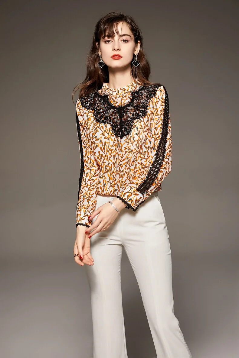 100% Silk Women's Blouse O Neck Long Sleeves Printed Hollow Out Lace Patchwork Fashion Casual Shirt Tops - Image 4