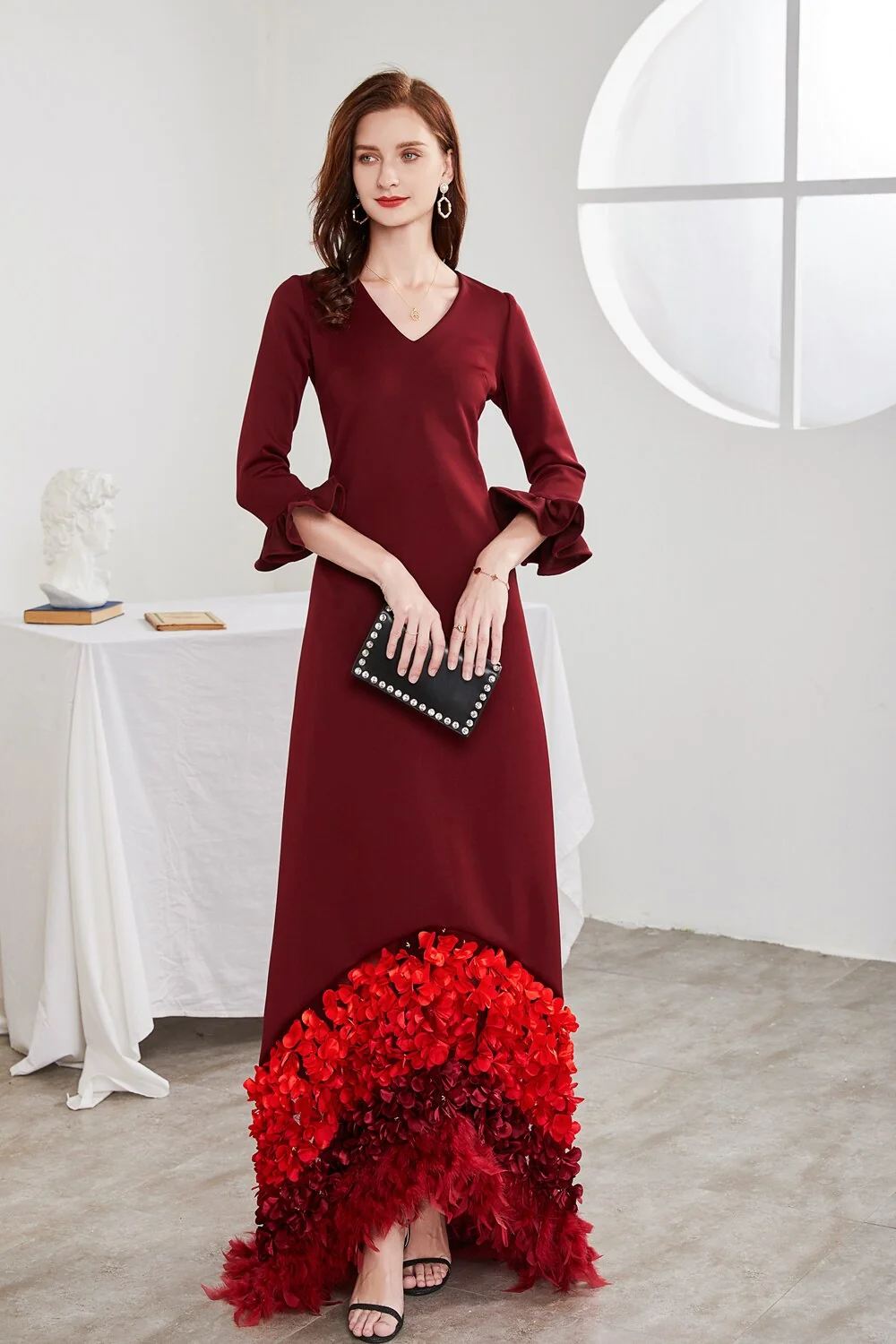 Women's Runway Designer Dresses Sexy V Neck Long Sleeves Ruffles Appliques Elegant Party Prom Vestido Dresses