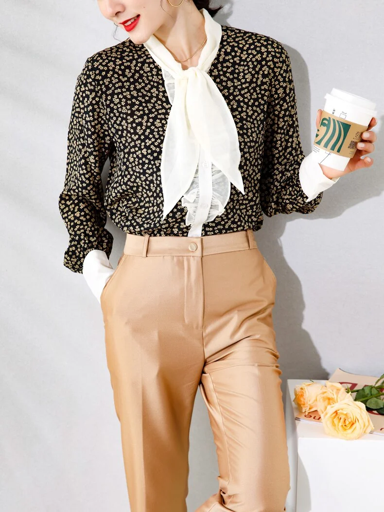 100% Silk Women's Shirt Lace Up Bow Collar Ruffles Long Sleeves Printed Fashion Casual Blouse Tops - Image 2