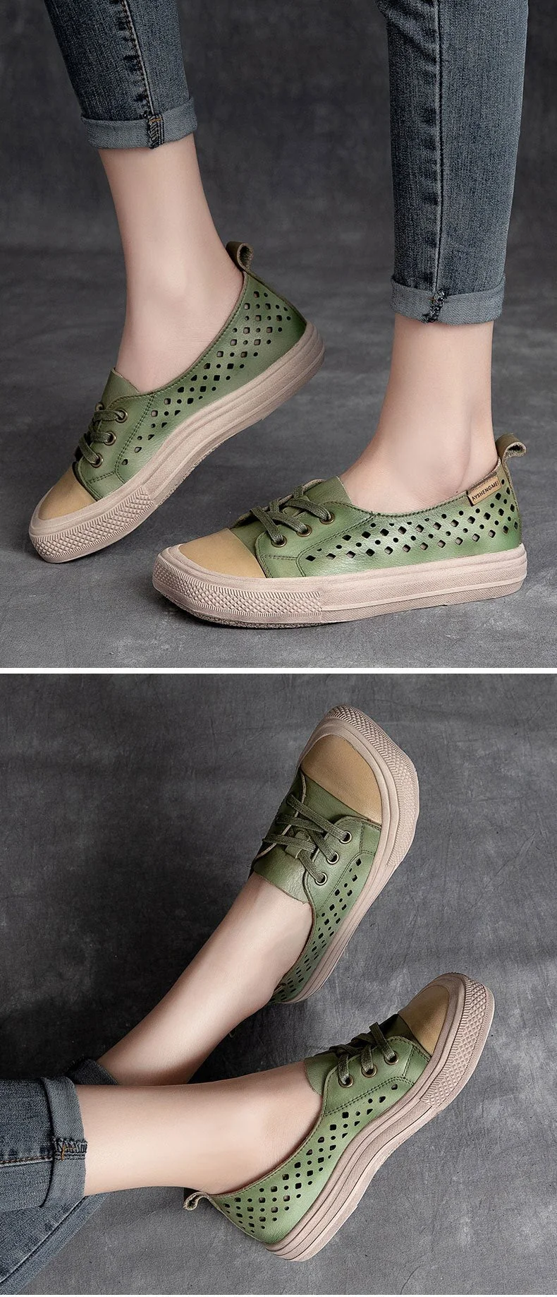 Women Sneakers Genuine Leather Lace-Up Hollow Handmade Platform Shoes - Image 9