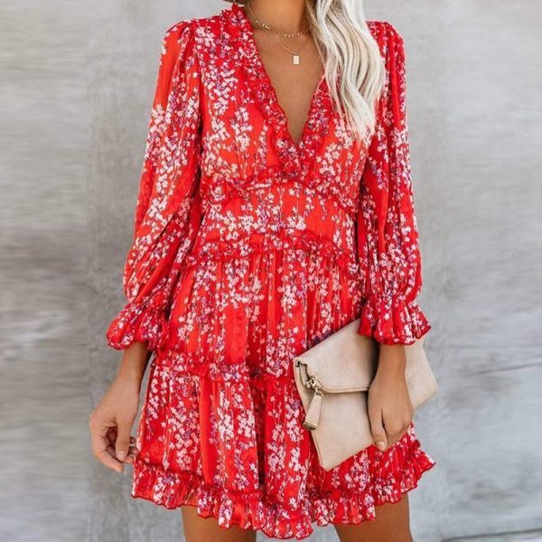 V-neck backless dress printed Elegant lantern sleeve ruffle dresses - Takalr