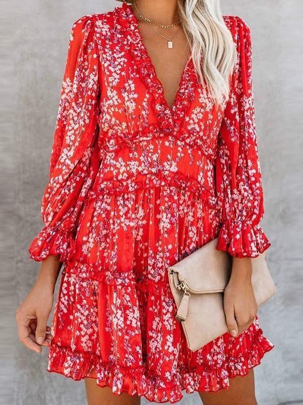 V-neck backless dress printed Elegant lantern sleeve ruffle dresses - Takalr