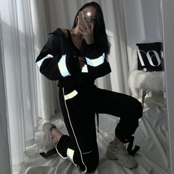 Spring Reflective Cargo Pants Women Casual Harajuku BF Reflective SweatPants  Women Loose Solid Black Trousers Pocket - Takalr