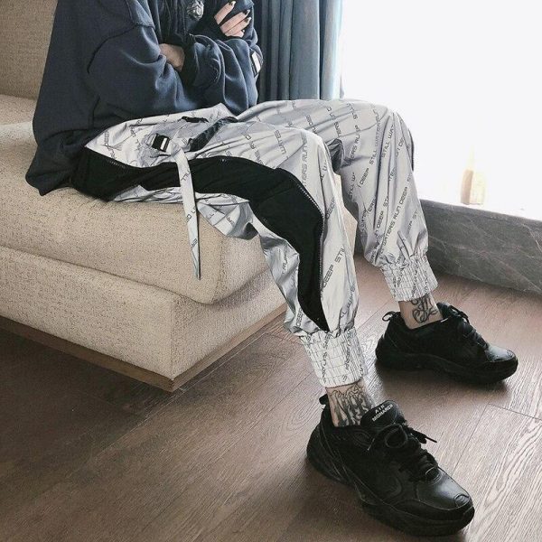 Spring Luminous Letter Printing Cargo Pants Reflective Casual Pants Hip Hop Streetwear Women High Waist Pants - Takalr