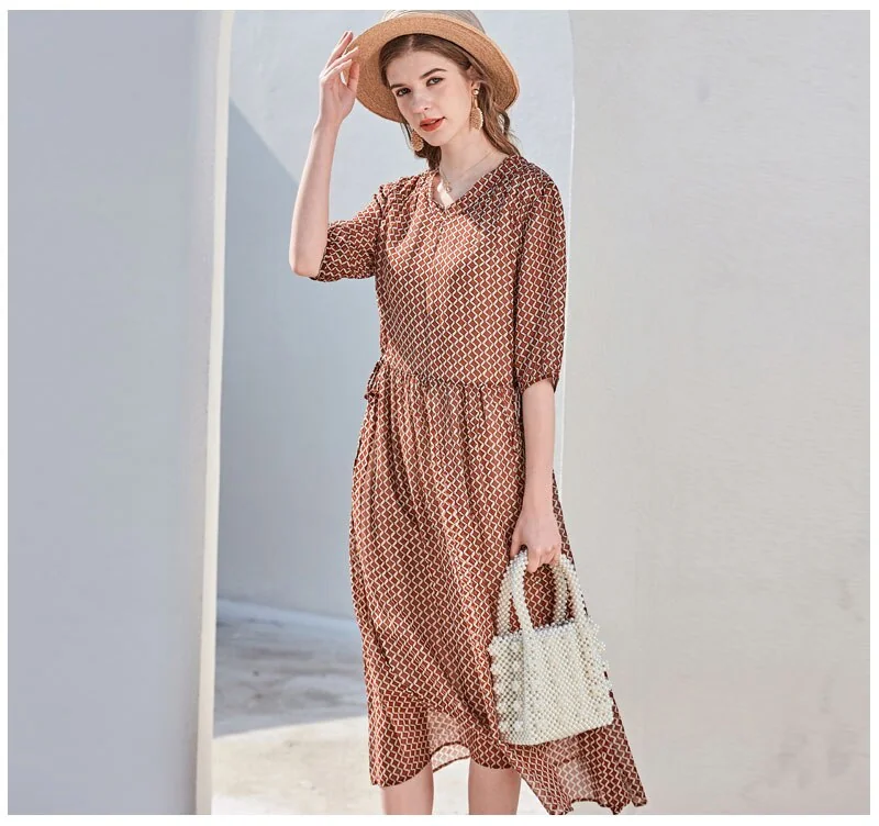 100% Silk Women's Runway Dresses Sexy V Neck Half Sleeves Printed Lace Up Waist Fashion Casual Holiday Dresses - Image 6
