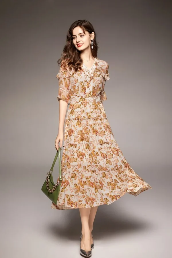 100% Natural Silk Women's Dresses Sexy V Neck Short Sleeves Beaded Ruffles Printed Mid Summer Holiday Dress Vestidos