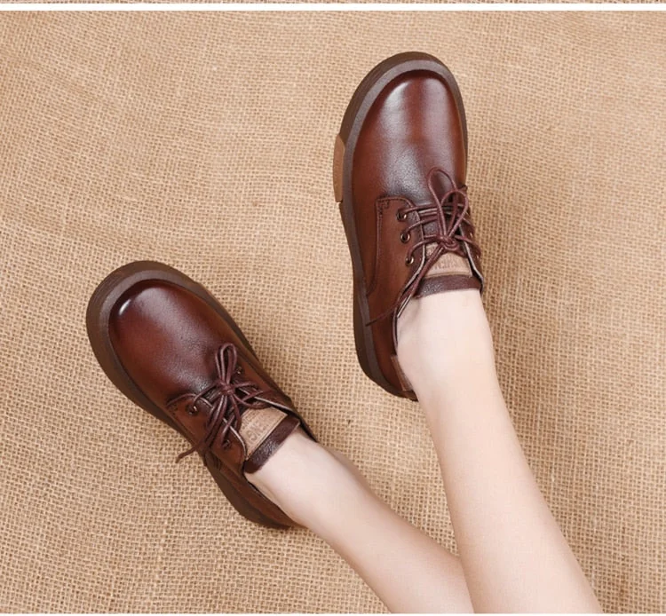 Sneakers Women Genuine Cow Leather Round Toe Lace-Up Ladies Retro Casual Flat Shoes Handmade Loafers - Image 5