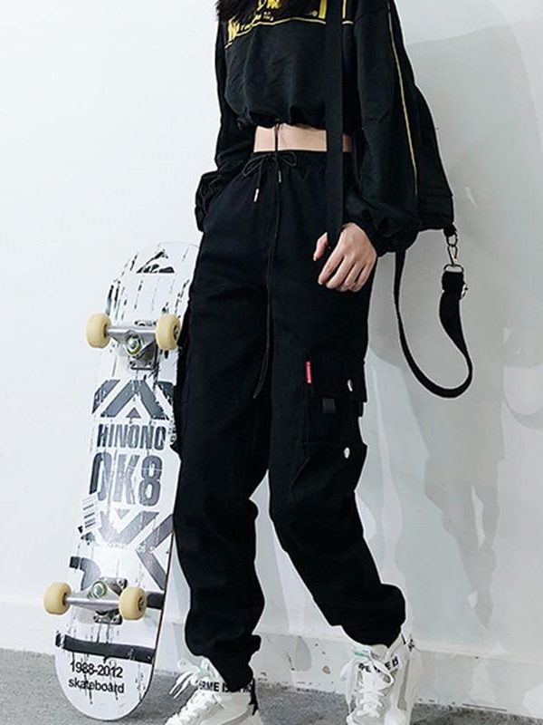 Spring Drawstring Cargo Pants Women Streetwear Casual Warm Trousers Hip Pop High Waist Sweatpants Big Pockets Loose Joggers - Takalr