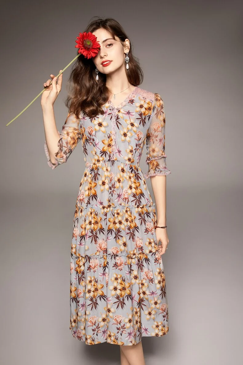 100% Natural Silk Women's Dresses Sexy V Neck Half Sleeves Lace Patchwork Floral Printed Ruffles Fashion Mid Summer Dress - Image 7