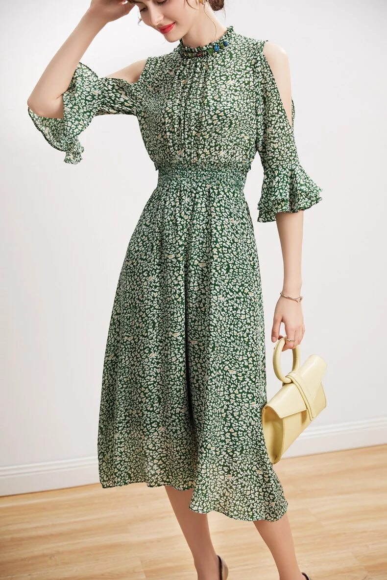 100% Silk Women's Dresses Stand Collar 3/4 Sleeves Off the Shoulder Printed Elgant Holiday Dress - Image 2