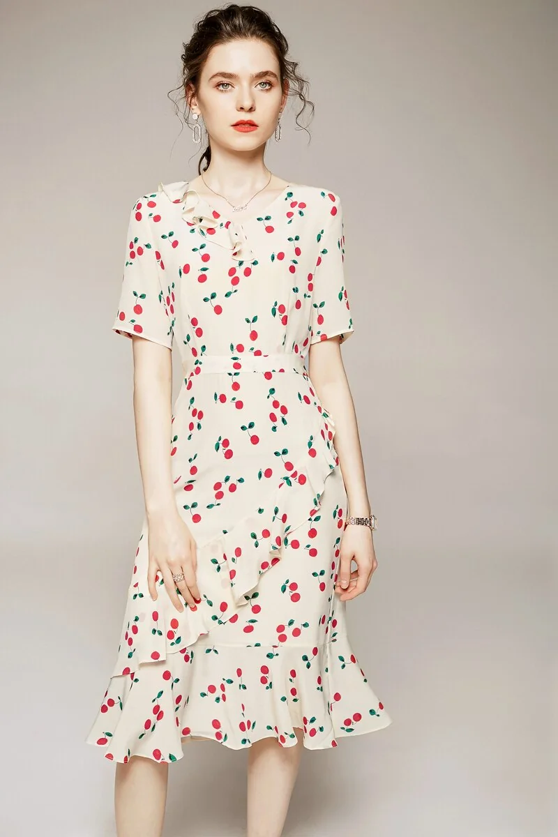 100% Silk Women's Runway Dresses V Neck Short Sleeves Ruffles High Street Printed Fashion Casual Summer Dresses - Image 5