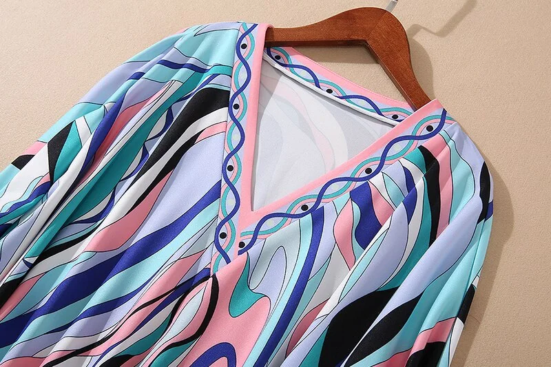 Women's Runway Dresses Sexy V Neck Batwing Sleeves Printed Knitted Loose Design Long Spit Fashion Dresses - Image 10