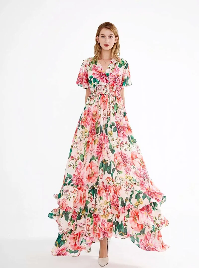 Women's Runway Dresses Sexy V Neck Short Flare Sleeves Floral Printed Tiered Ruffles Fashion Elegant Prom Long Dresses - Image 6