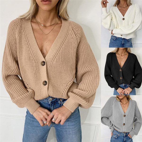 Women Solid Casual Sweater Oversize V Neck Knitted Cardigans 2020 Autumn Warm Loose Lantern Sleeve Single Row Button Female Coat - Takalr