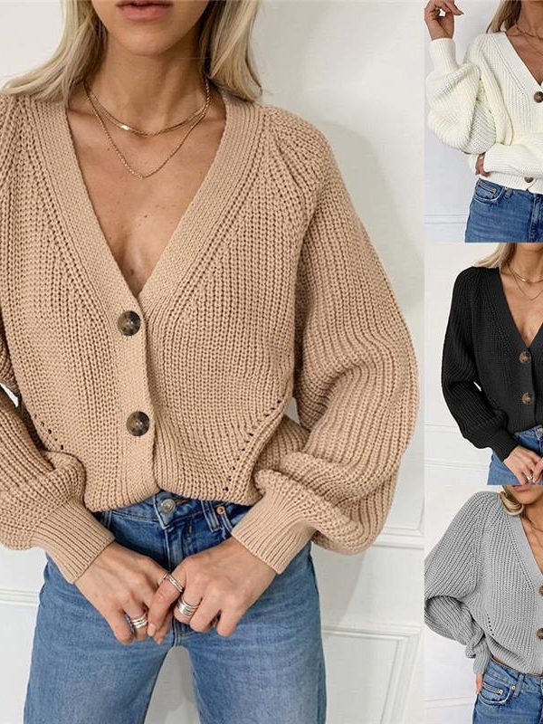 Women Solid Casual Sweater Oversize V Neck Knitted Cardigans 2020 Autumn Warm Loose Lantern Sleeve Single Row Button Female Coat - Takalr