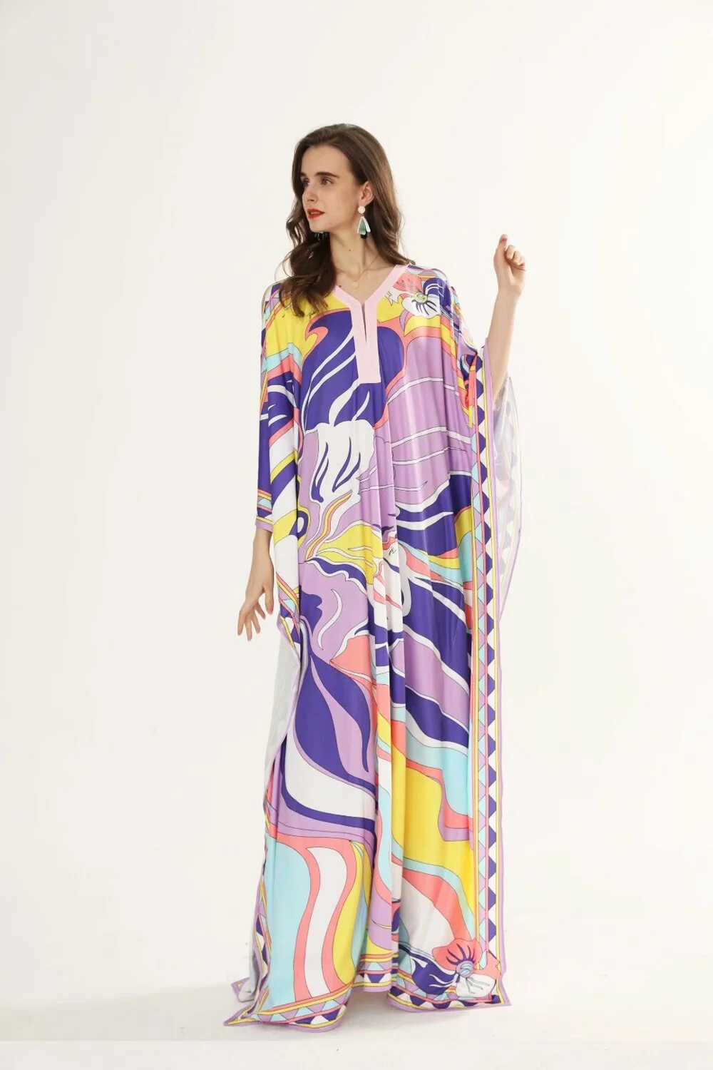Women's Runway Dresses O Neck Batwing Sleeves Printed Loose Deisgn Plus Sizes Holiday Knitted Long Maxi Dresses - Image 2
