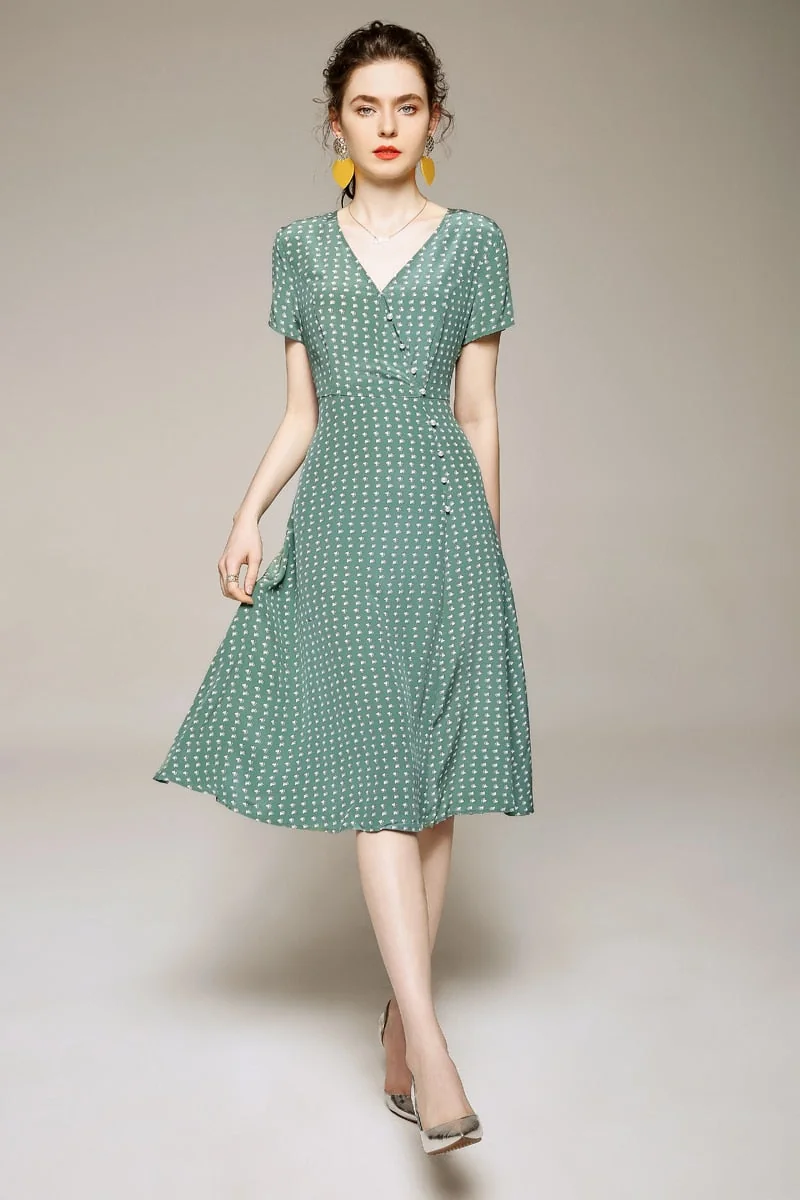 100% Silk Women's Runway Dresses V Neck Short Sleeves High Street Printed Fashion Casual Summer Dresses