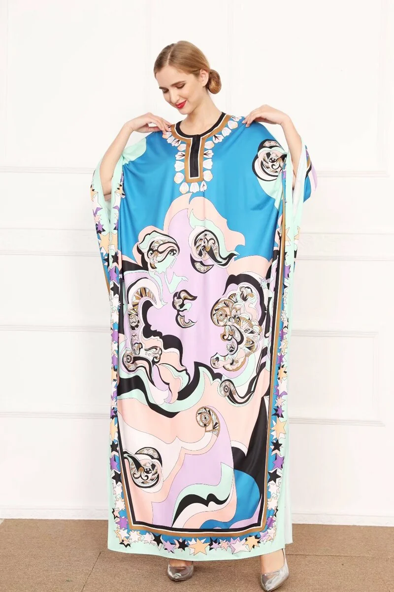 Autumn Women's Runway Dresses O Neck Batwing Sleeves Printed Loose Deisgn Plus Sizes Split Knitted Elastic Long Maxi Dresses - Image 4