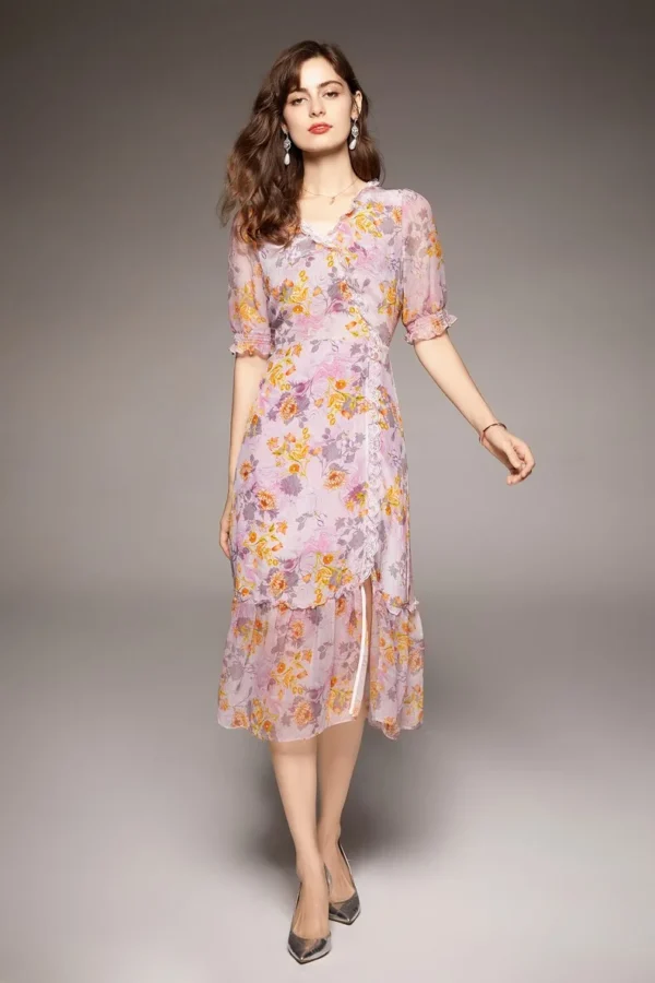 100% Natural Silk Women's Dresses Sexy V Neck Half Sleeves Lace Piping Ruffles Printed Split Fashion Casual Dress Vestidos