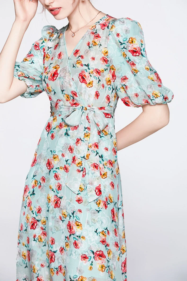 100% Silk Women's Dresses V Neck Short Sleeves Printed Sash Belt Fashion Summer Dress Vestidos - Image 7