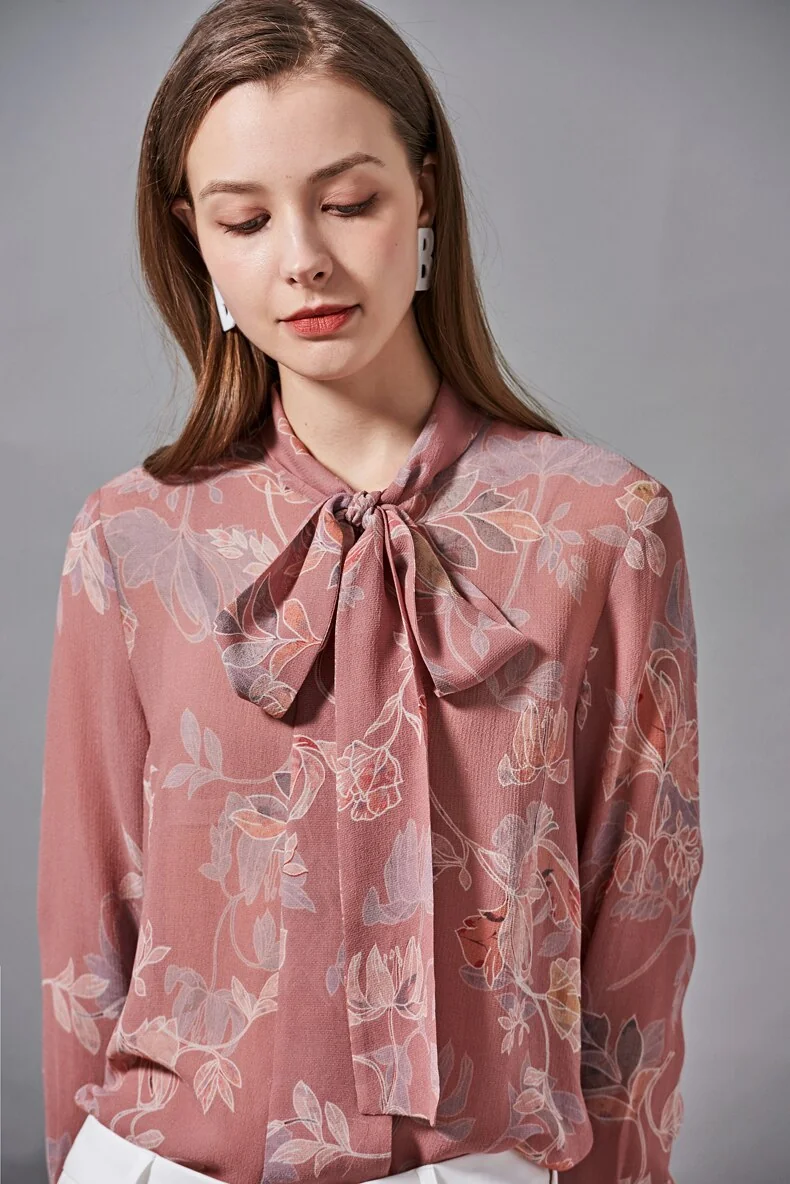100% Silk Women's Shirt Bow Collar Long Sleeves Floral Printed Fashion Blouse Camisa Tops - Image 8