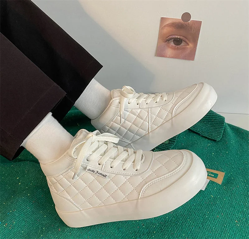 Women Shoes Autumn White PU Leather Sneakers Fashion Platform Sport Shoes Plaid Lace-up Casual Comfy Ankle Boots - Image 7