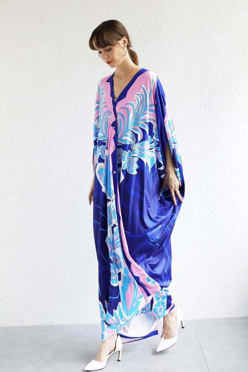 Women's Runway Dresses Sexy V Neck Batwing Sleeves Picked Up Printed Elegant Loose Design Fashion Casual Robes Maxi Dresses - Image 5
