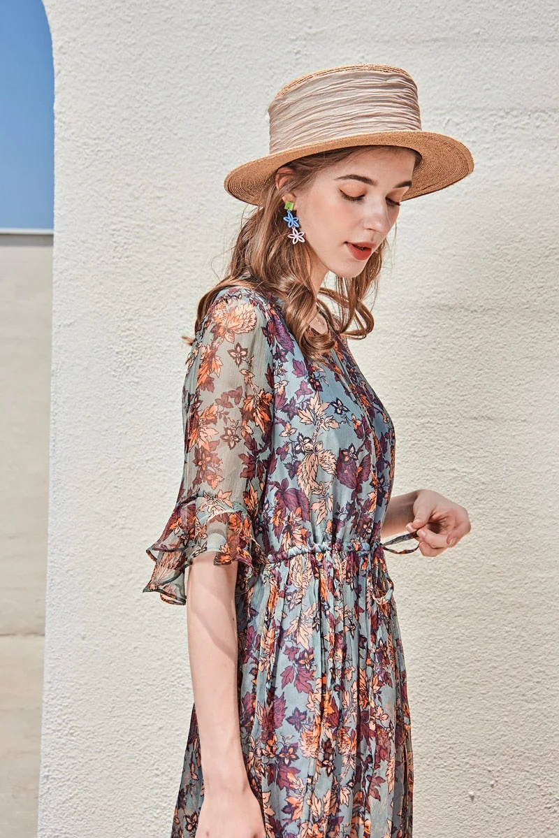 100% Silk Women's Runway Dresses O Neck Short Sleeves Ruffles Floral Printed Lace Up Waist Fashion Casual Mid Calf Dresses - Image 6