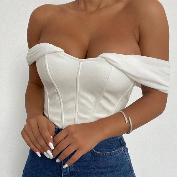 Cryptographic PU leather Sexy Bustier Corset Top Off Shoulder Chiffon White Strapless Female Top Cropped Tops Women Clothes - Takalr