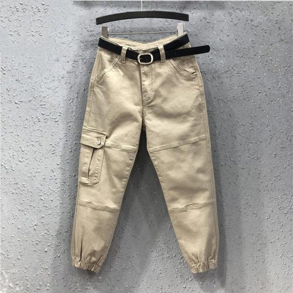 high waist pants sashes pockets office ladies pants  women's spring autumn large size loose waist casual nine-point pant - Takalr