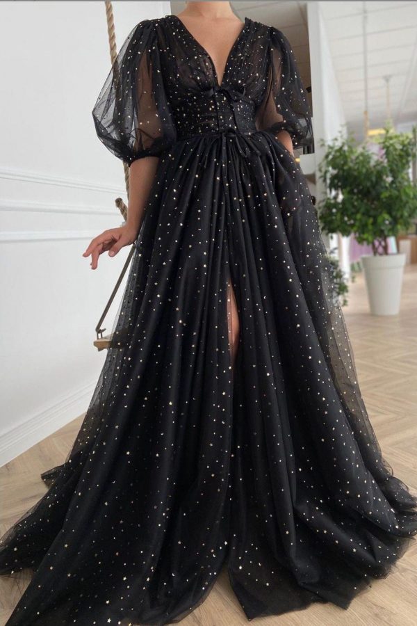 Black Mesh Starry Tulle Elegant Dresses Women Sparkly V-Neck Puff Sleeves Wedding Party Button Lace Up Split Gowns Club Dress - Takalr