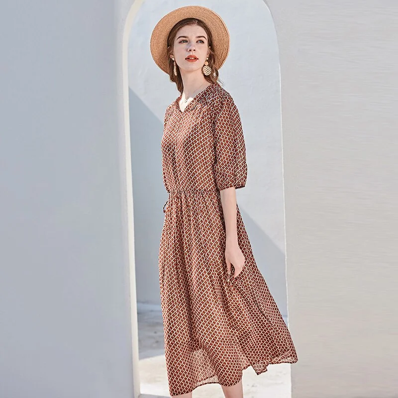 100% Silk Women's Runway Dresses Sexy V Neck Half Sleeves Printed Lace Up Waist Fashion Casual Holiday Dresses - Image 5